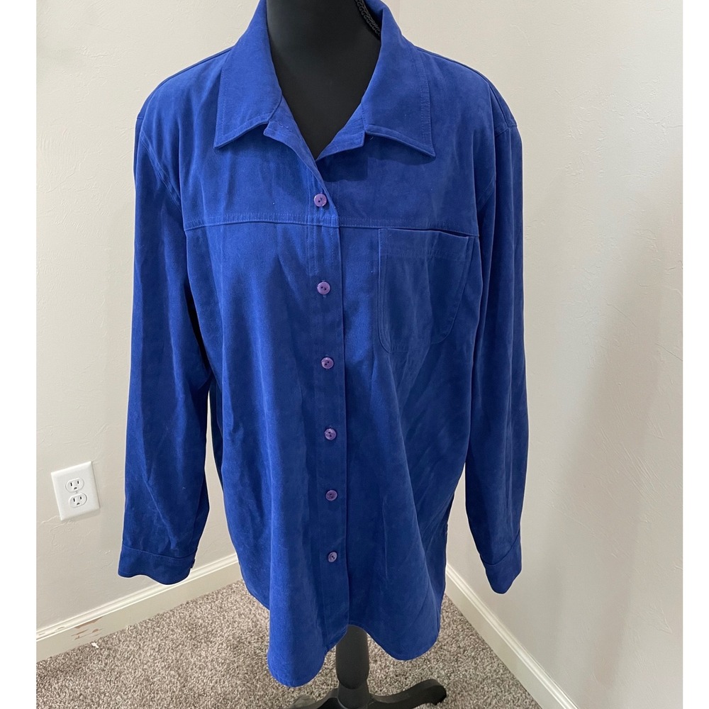 Allison Daley Royal Blue Faux Suede Button Up Shirt Women Size 14 Long Sleeve